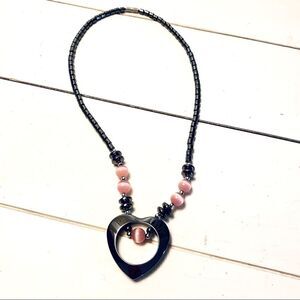 NEW 18” HEMATITE OPEN HEART W/ROSE QUARTZ STONE NECKLACE